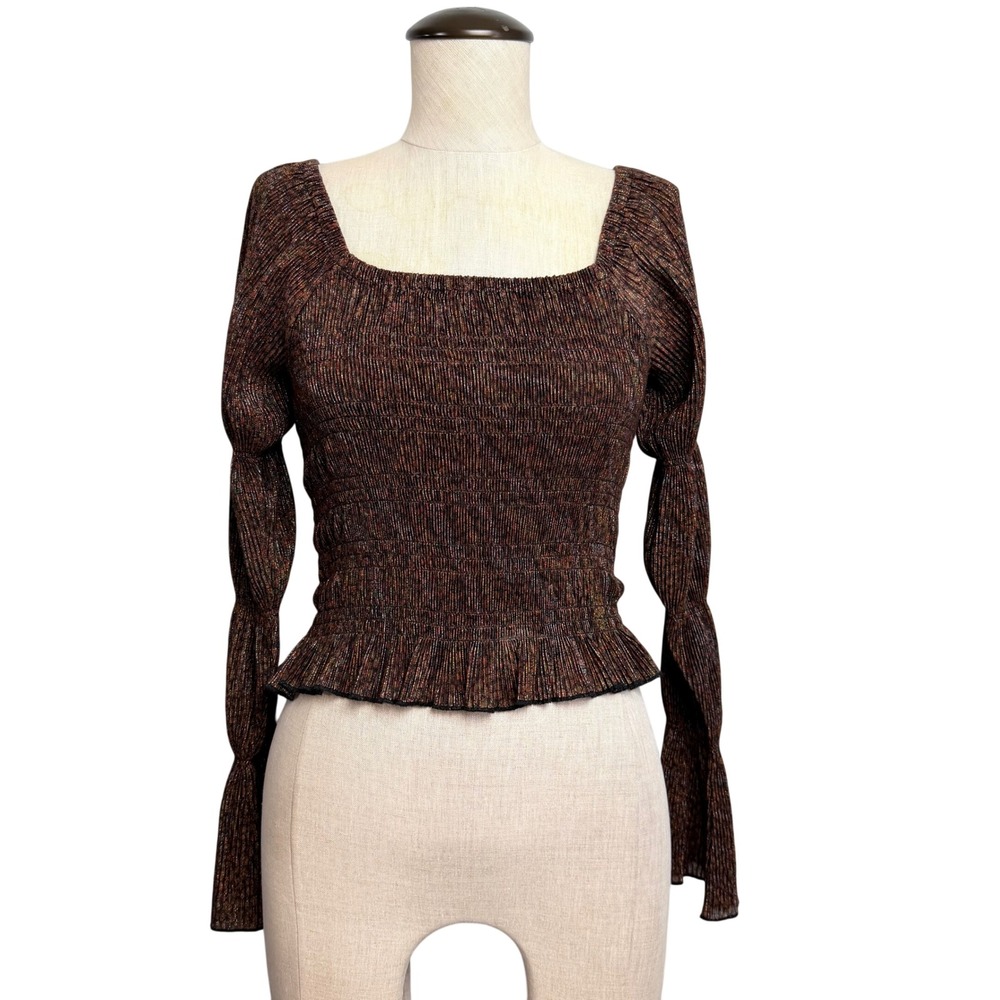 Anthropologie Metallic Smocked Peplum Top XS Square Neck Bell Sleeve Shimmer